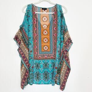 Tolani Silk Kaftan Style V-Neck Cold Shoulder Top Women's 1X